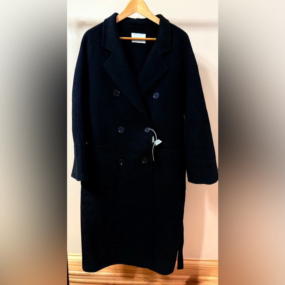 Elegant Black Thick Double-Breasted Wool Women's Coat Size L